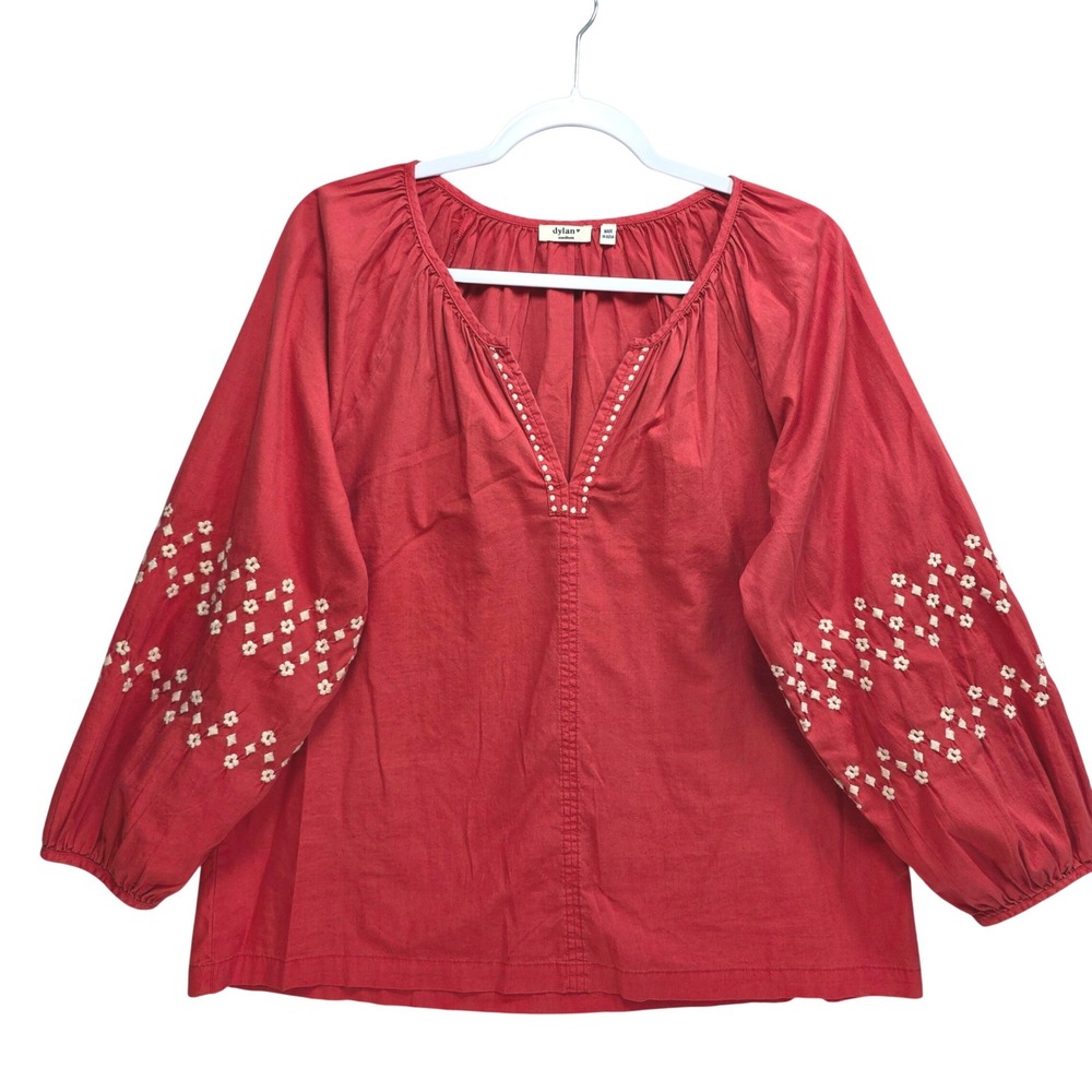 Dylan x Anthropologie Embroidered Peasant Blouse Size M Balloon Sleeve Orange
